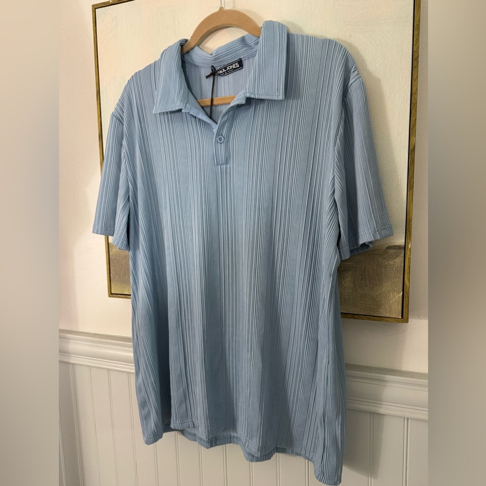 PAUL JONES Mens Textured Knit Polo Shirt Light Blue Stretchy Golf Shirt Lg NWT - Picture 4 of 7